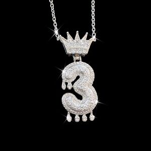 2.05 ct Sterling GRA Moissanite Iced Out Number 3 Crown Drip Pendant Necklace